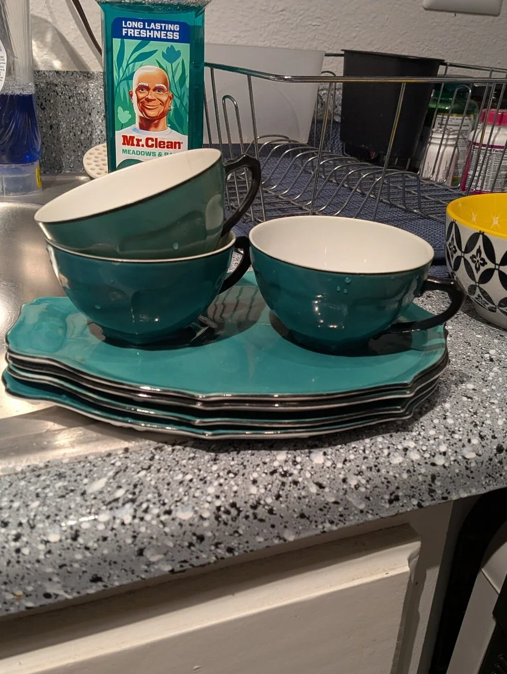 Vintage Czechoslovakia Teal Porcelain Snack Set - 3 Cups & Plates